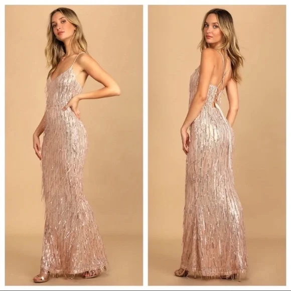 Endless Festivities Rose Gold Sequin Fringe Lace-Up Maxi Dress - Picture 12 of 15